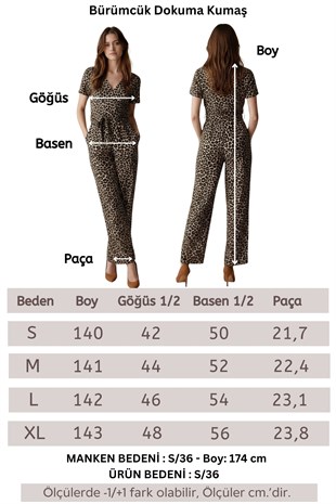 Kadın Krep Beli Kemerli ve Fermuarlı Tulum-Leopar