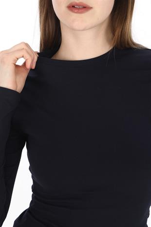 Likralı Pamuk Crop Tişört-Slim Fit-Lacivert