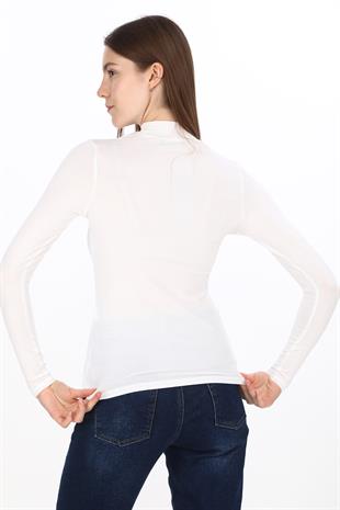 Kadın Modal Dik Yaka Slim Fit Tişört-Beyaz
