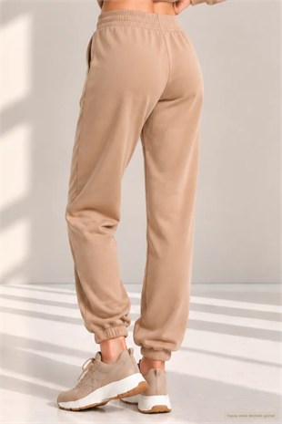 Kadın Günlük Stil Paçası Lastikli Regular Fit Eşofman Altı-Bej