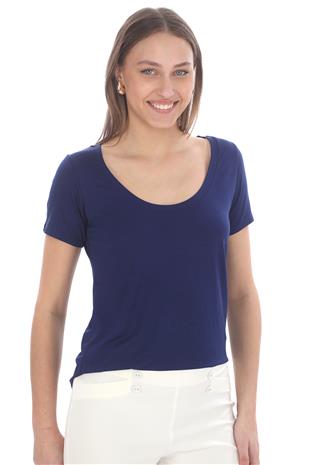 Viskon Dökümlü Dekolte Yaka Tişört-Lacivert