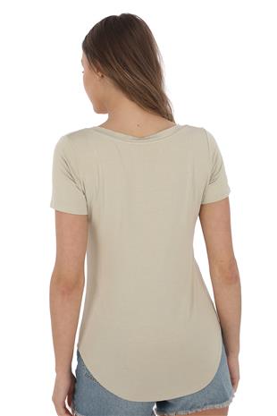 Viskon Dökümlü Dekolte Yaka Tişört-Bej