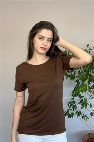Sırt Dekolte Rahat Viskon Tunik-Kahverengi