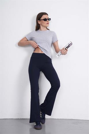Crop Slim Fit Pamuk Likra Tişört-Gri Melanj