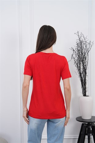 Viskon Dökümlü Tişört-Kırmızı