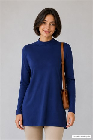 Premium Viskon Dik Yaka Uzun Tunik-Lacivert