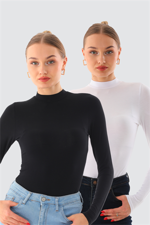 Kadın Viskon Boğazlı Kopçalı Zıbın Body 2li Set Siyah-Beyaz