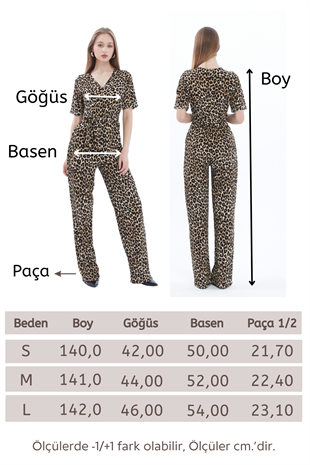 Kadın Krep Beli Kemerli ve Fermuarlı Tulum-Leopar