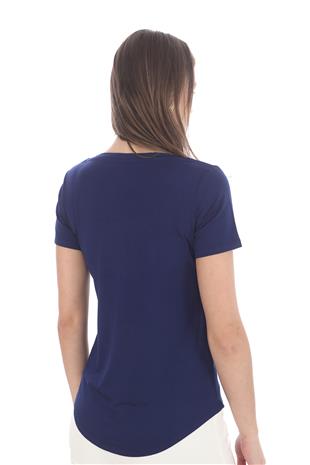 Viskon Dökümlü Dekolte Yaka Tişört-Lacivert