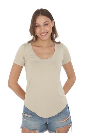 Viskon Dökümlü Dekolte Yaka Tişört-Bej