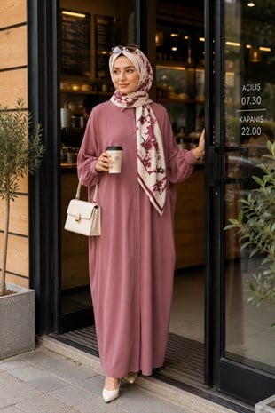 Kadın Sandy Tesettür Gömlek Elbise Abaya-Gül Kurusu