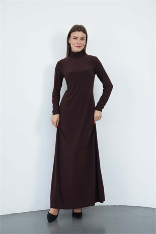 Dora Kadın Maxi Boy Balıkçı Yaka Sandy Elbise-Kahverengi