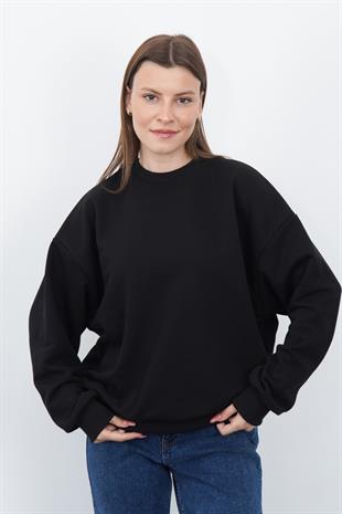 Valeria Kadın 3 İplik Şardonsuz Pamuk Oversize Bisiklet Yaka Siyah Sweatshirt 