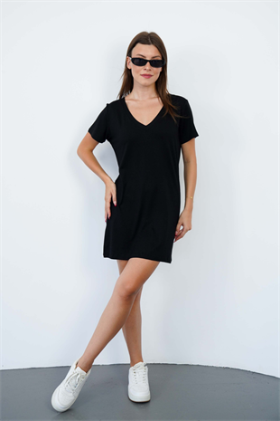 V Yaka Viskon Elbise-Siyah