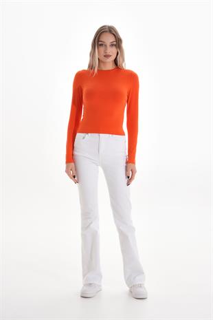 Likralı Pamuk Crop Tişört-Slim Fit -Turuncu