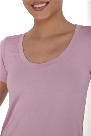 Viskon Dökümlü Dekolte Yaka Tişört-Lavanta Pembesi 