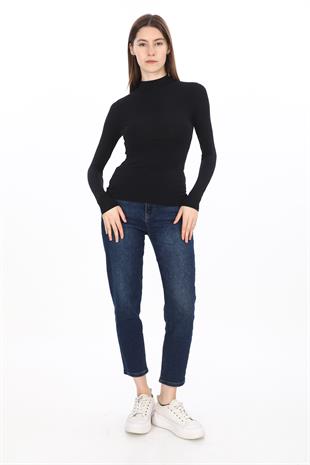 Kadın Modal Dik Yaka Slim Fit Tişört-Siyah