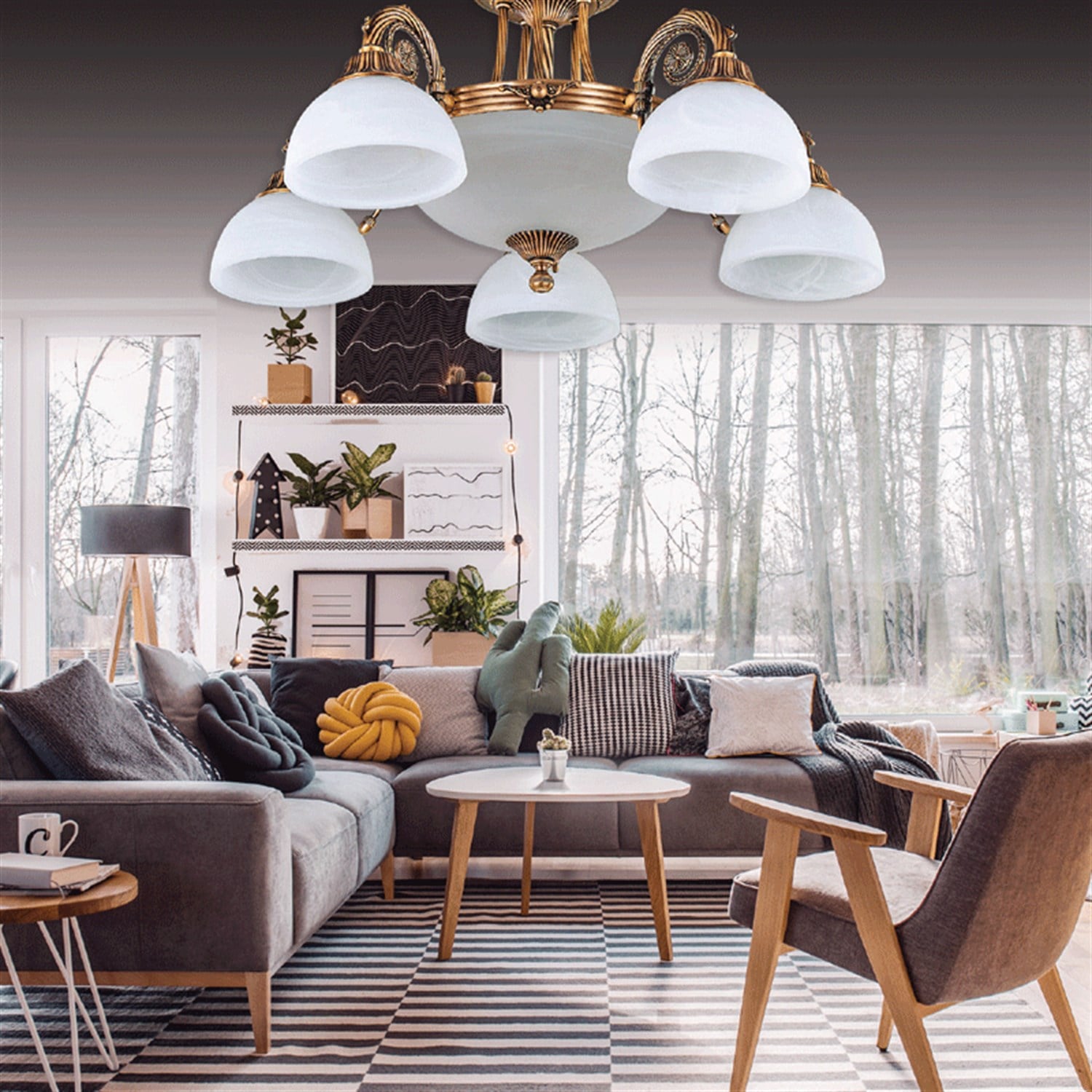 Avize Çarşısı, Royal Classic Dakar 5 kollu Beyaz Cam Başlıklı, Eskitme Antik Renk Metal Gövde, Sarkıt Avize BS.3087-52-05 B