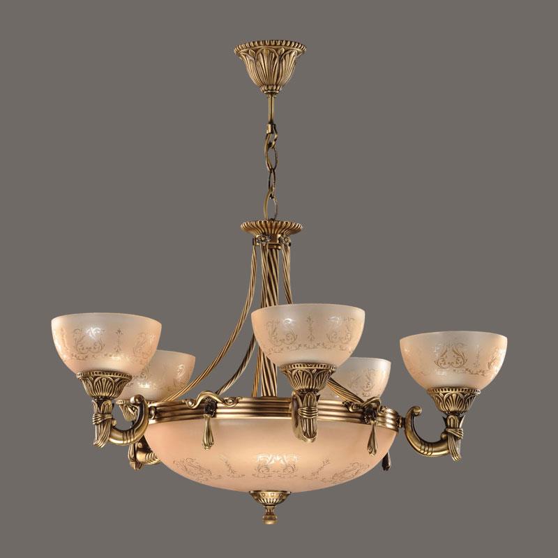 Avize Çarşısı, Armoni 5 kollu Cam Başlıklı, Eskitme Antik Renk Metal Gövde, Sarkıt Avize BS.3040-52-05A
