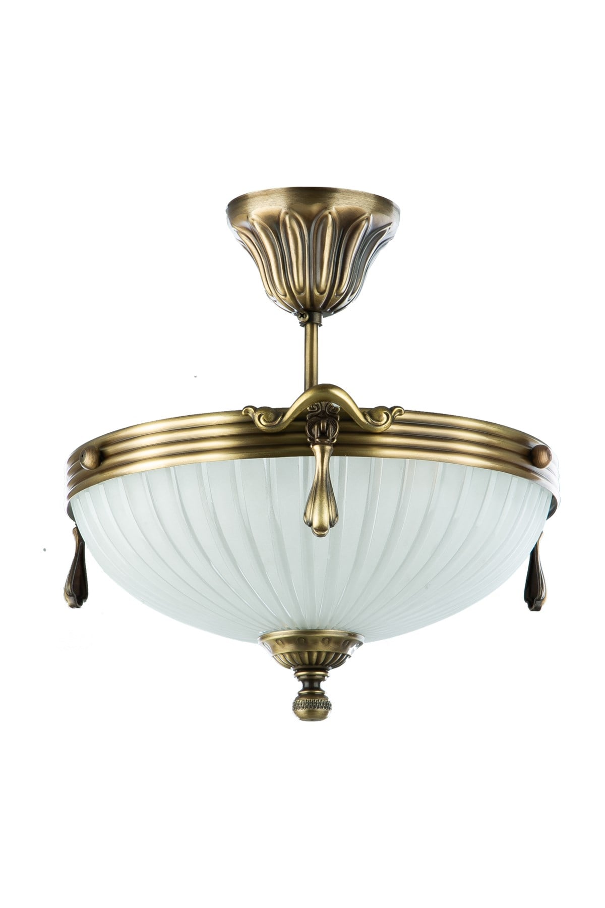 Avize Çarşısı, Royal Classic Omega Tekli Beyaz Cam Başlıklı, Eskitme Antik Renk Metal Gövde, Sarkıt Avize BS.3035-52-42K