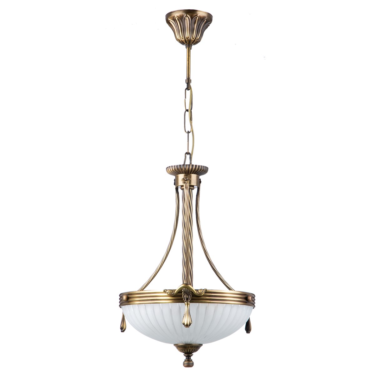Avize Çarşısı, Royal Classic Omega Tekli Beyaz Kumlu Cam Başlıklı, Eskitme Antik Renk Metal Gövde, Sarkıt Avize BS.3035-52-01K