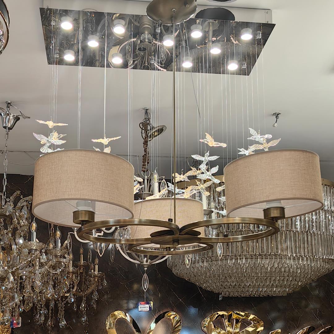 Avize Çarşısı Classic Harmony, Art-deco Design Natali 3 Lü Avize, Eskitme Metal Kasa, Açık Kahverengi Hasır Desen Kumaş Abajur Bs.7132-52-03