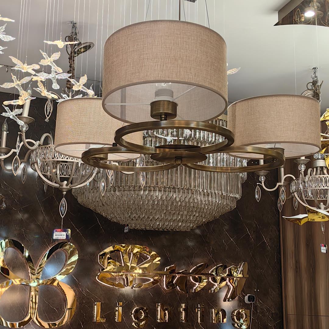 Avize Çarşısı Classic Harmony, Art-deco Design Natali 3 Lü Avize, Eskitme Metal Kasa, Açık Kahverengi Hasır Desen Kumaş Abajur Bs.7132-52-03