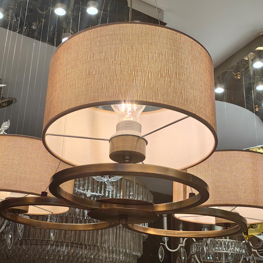 Avize Çarşısı Classic Harmony, Art-deco Design Natali 3 Lü Avize, Eskitme Metal Kasa, Açık Kahverengi Hasır Desen Kumaş Abajur Bs.7132-52-03