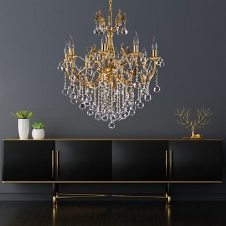 Avize Çarşısı, Tila 8 kollu, Kristal Taşlı, Gold Renk Metal Gövde, Sarkıt Avize, BS.0158-58-08 Z