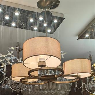 Avize Çarşısı Classic Harmony, Art-deco Design Natali 3 Lü Avize, Eskitme Metal Kasa, Açık Kahverengi Hasır Desen Kumaş Abajur Bs.7132-52-03