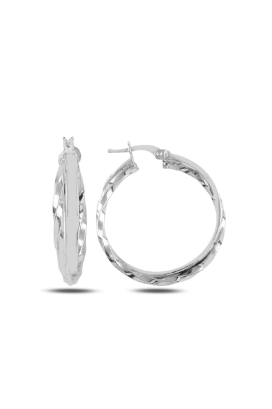 Çift Halka Model Burgu Desenli Gümüş Küpe Silver