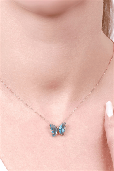 Mavi Taşlı Kelebek Model Gümüş Kolye