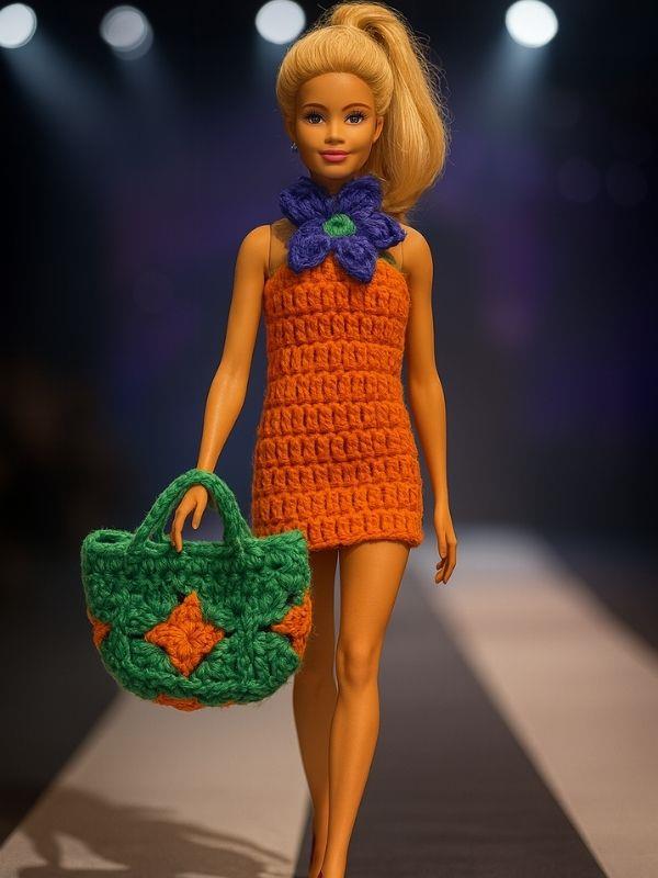 Barbie Bebek için El Örgüsü Elbise ve Çanta İkili Takım