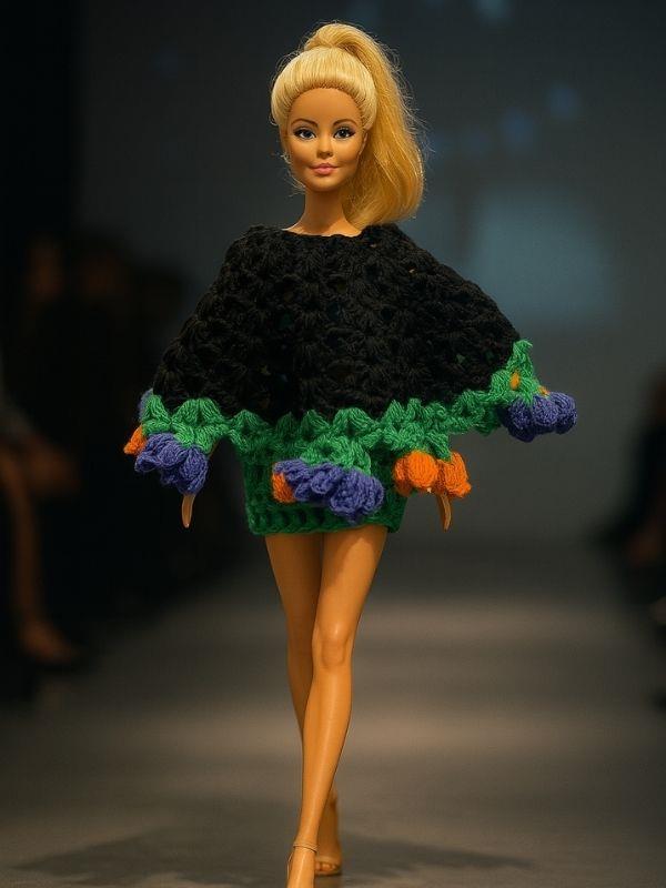 Barbie Bebek için Pelerin, Etek ve Buket Çiçeğe Dönüşebilen El Örgüsü İkili Takım