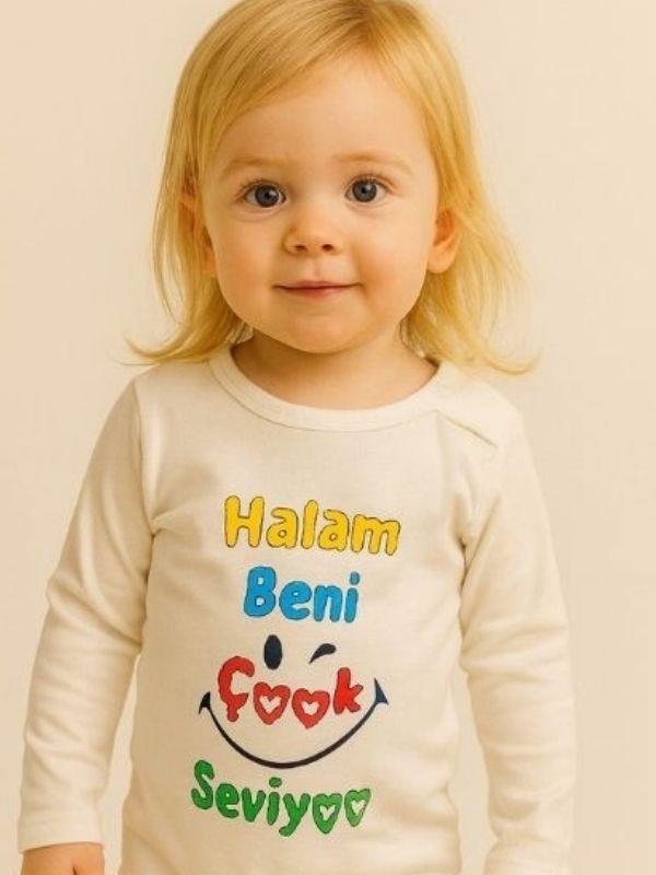Bebek Halam Beni Çok Seviyor Yazılı Pamuklu Uzun Kol Çıtçıtlı Body