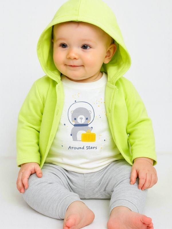 Bebek Kapüşonlu ve Baskılı 3'lü Organik Eşofman Takımı