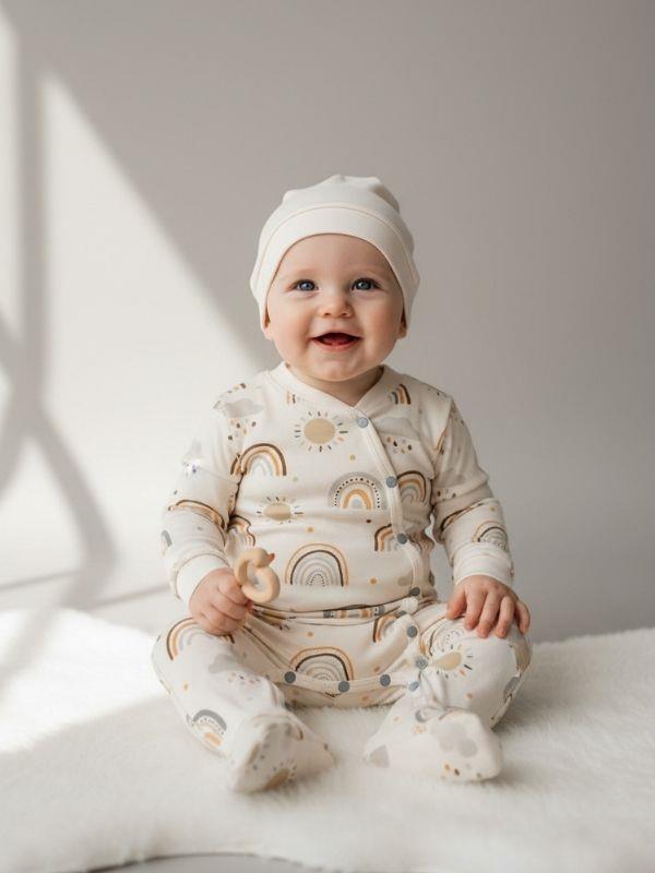 Bebek Pamuklu Patikli Gökkuşağı Baskılı Şapkalı Tulum