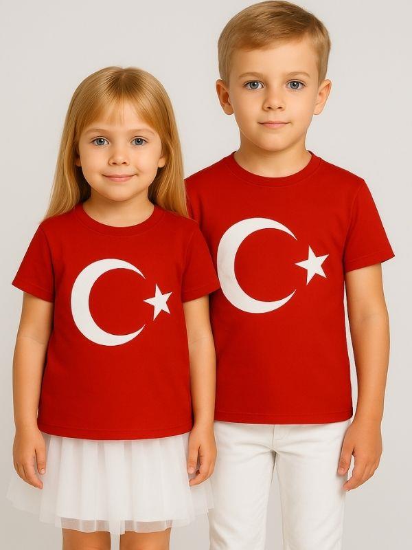Çocuk Ay Yıldız Baskılı Yarım Kollu Pamuklu T-shirt