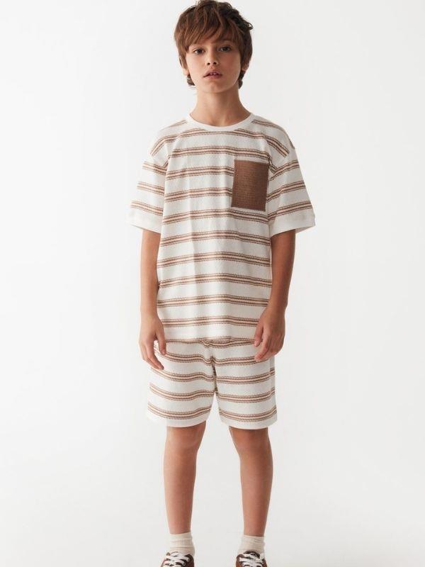 Çocuk Çizgili Triko Cepli T-shirt