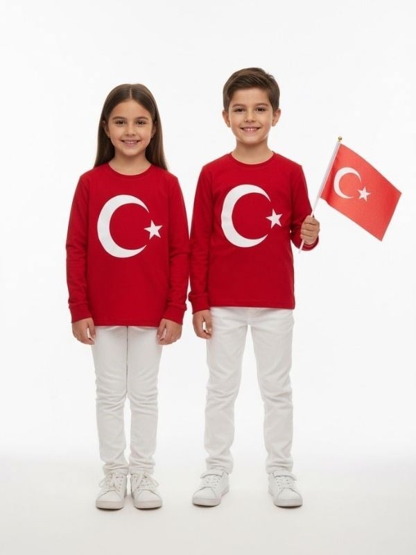 Çocuk Uzun Kollu Kırmızı Türk Bayraklı T-shirt
