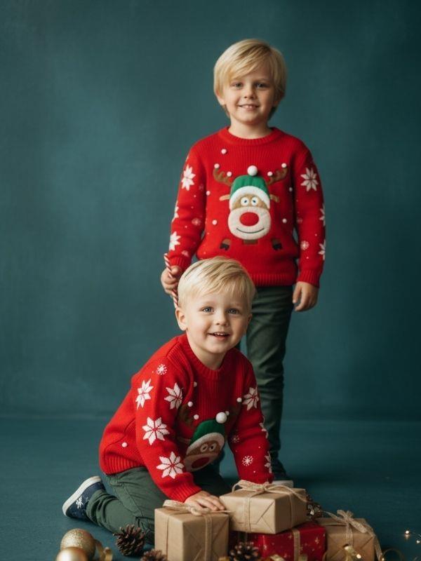 Çocuk Yılbaşı Temalı Geyikli Kırmızı Kazak