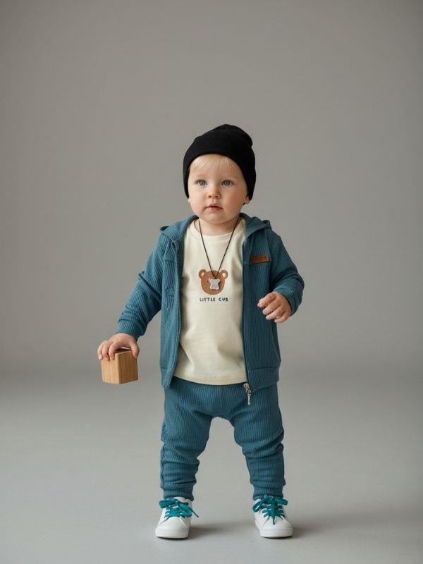 Erkek Bebek Ayıcık Baskılı Hırkalı Üçlü Takım