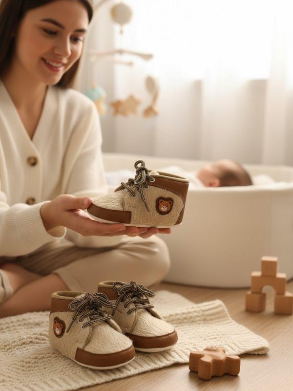 Erkek Bebek Ayıcık Desenli Bağcıklı Ayakkabı Görünümlü Patik