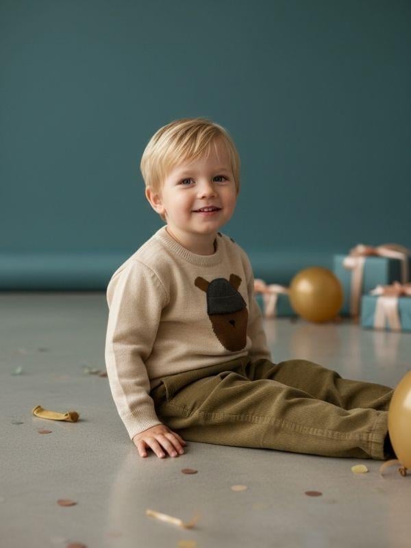 Erkek Bebek Ayıcık Desenli Kazak Pantolonlu Takım