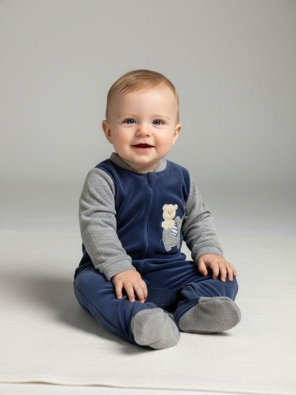 Erkek Bebek Ayıcık ve Fil Desenli Kışlık Kadife Tulum