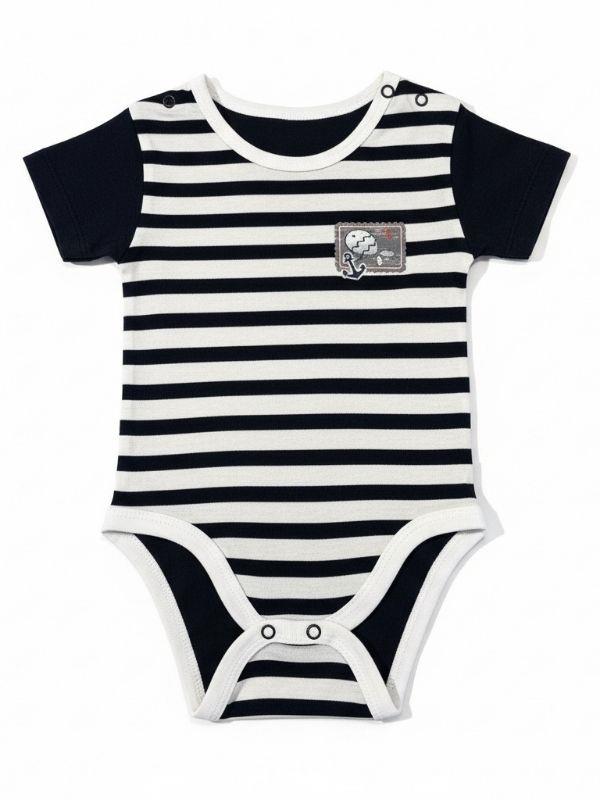 Erkek Bebek Çizgili Armalı Kısa Kollu Çıtçıtlı Body