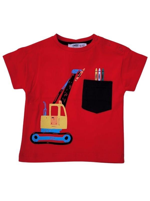 Erkek Bebek Çocuk İş Makina Baskılı Kırmızı Tshirt