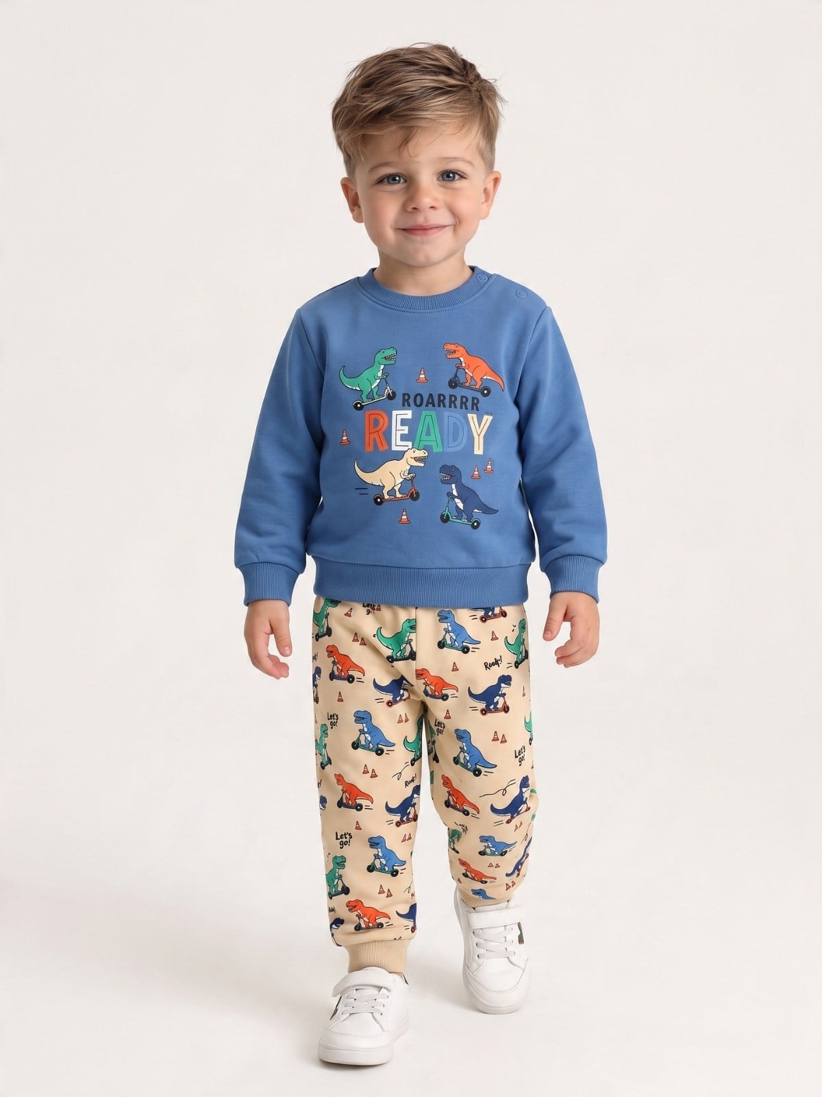 Erkek Bebek Dinazor Baskılı 2'li Sweatshirt ve Eşofman Altı Takım