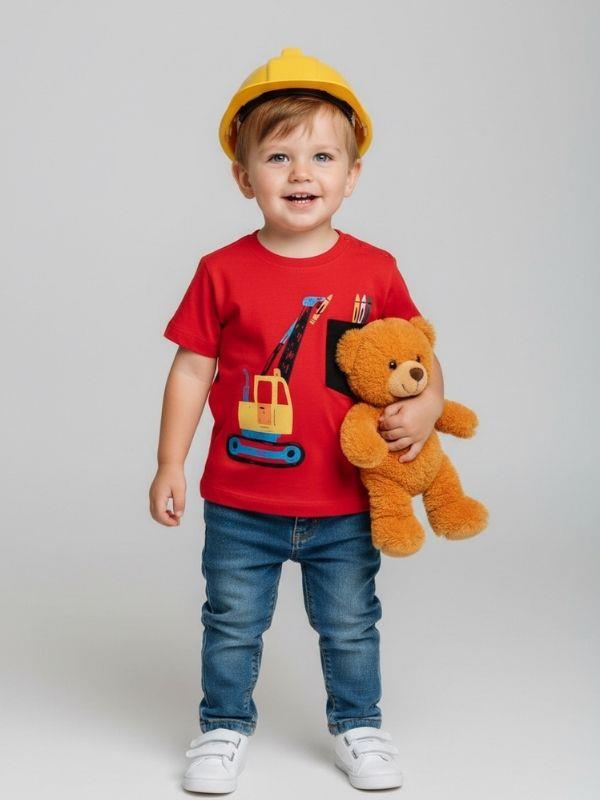 Erkek Bebek İş Makinesi Baskılı Kırmızı T-shirt