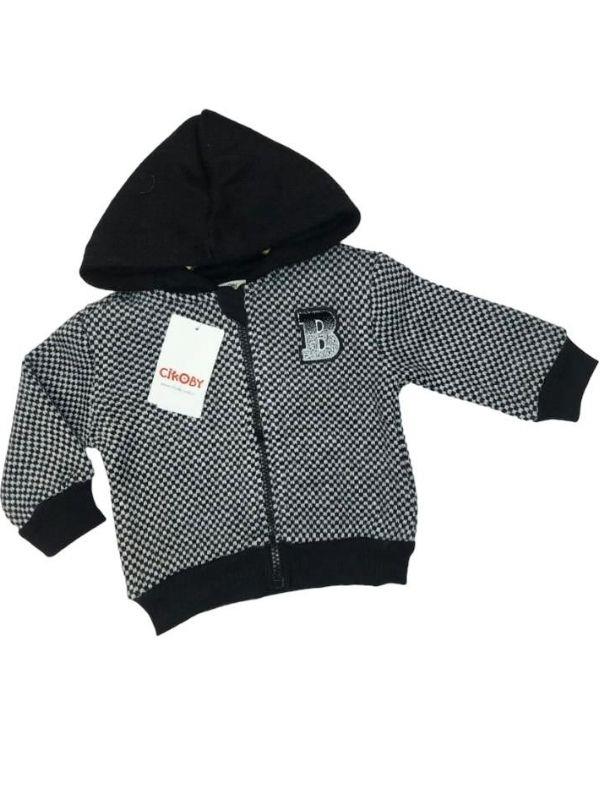 Erkek Bebek Kapüşonlu Kareli Fermuarlı Hırka